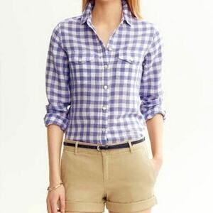Banana Republic Linen Cotton Gingham Checked Soft Wash Button Down Shirt Size XS